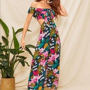 Green Floral off shoulders cut out split dress